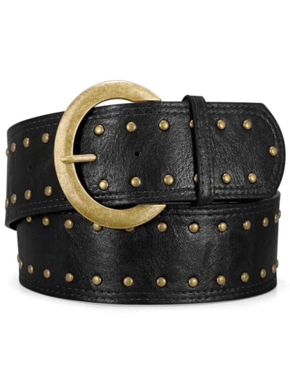 Wide Chunky Studded Leather Belt 2.3 Inch Vintage Waist Belt Brass Buckle